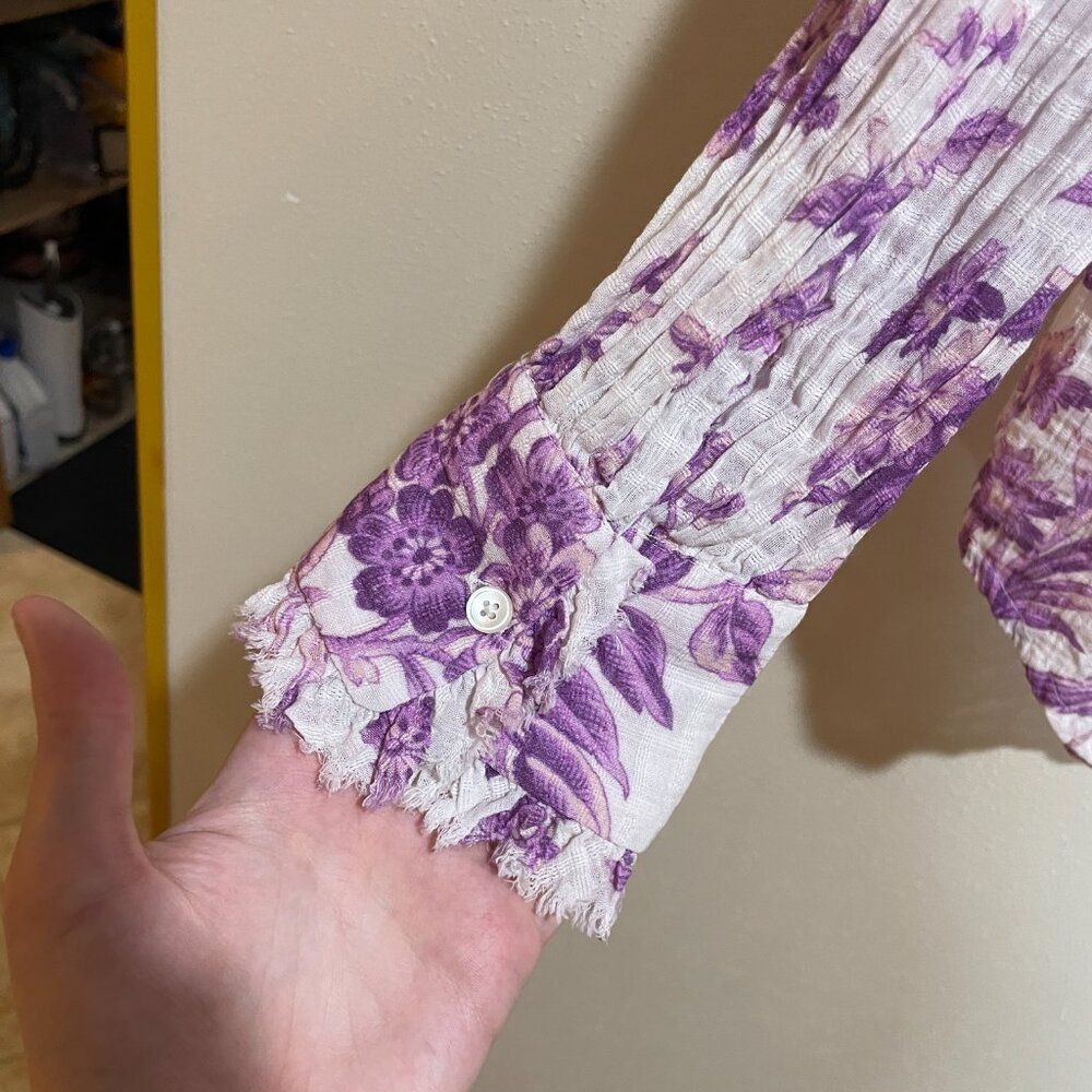 Sundance Sz XS Chantilly Blooms Button Down Top Blouse White Purple Floral Bird - Picture 12 of 12